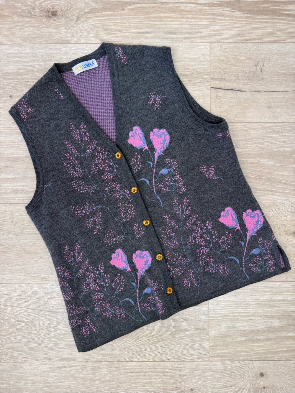 Camela Vintage Rose Print Wool Blend Button Down V-Neck Sweater Vest
